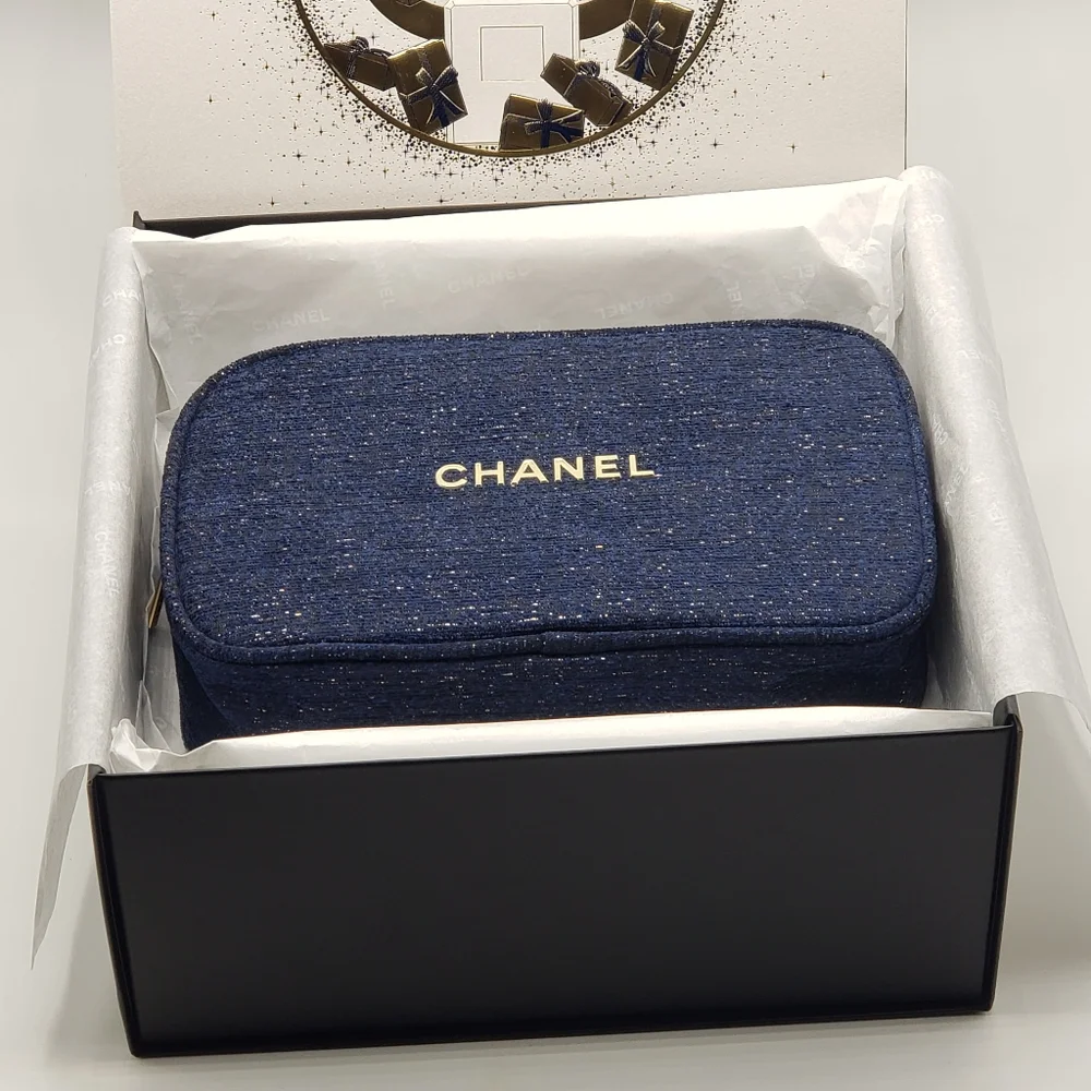 Authentic Chanel Cosmetic Bag Blue Gold Gift Box
